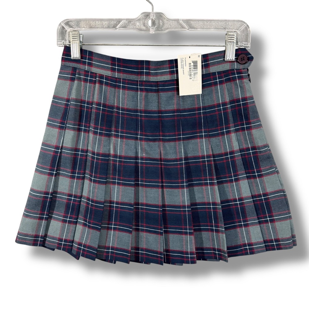 NWT American Apparel Genevieve Plaid Pleated Mini Tennis Skirt Blue Grey M/S